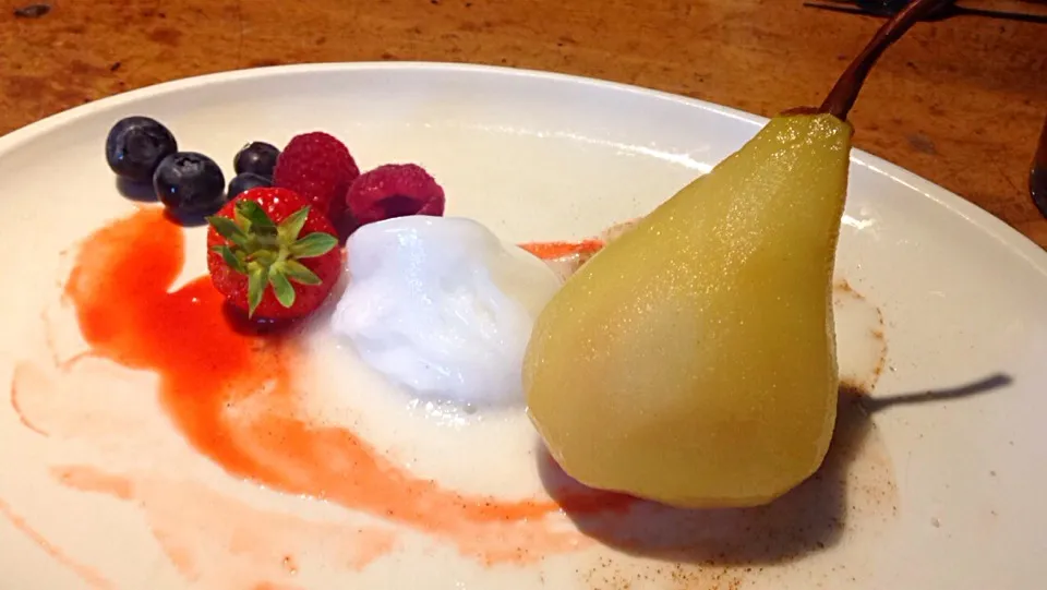 Poached Pair and Lemon sorbet #pear #poachedpear #lemonsorbet #sorbet #strawberries #raspberries|Calum Clarkさん