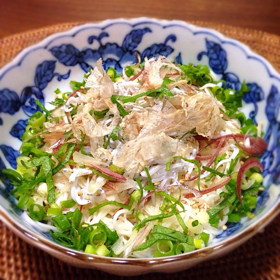 しらす・ミョウガ・大葉・ネギ・炒りゴマ・花鰹のぶっかけそうめん( ´ ▽ ` )ﾉ|nao子さん