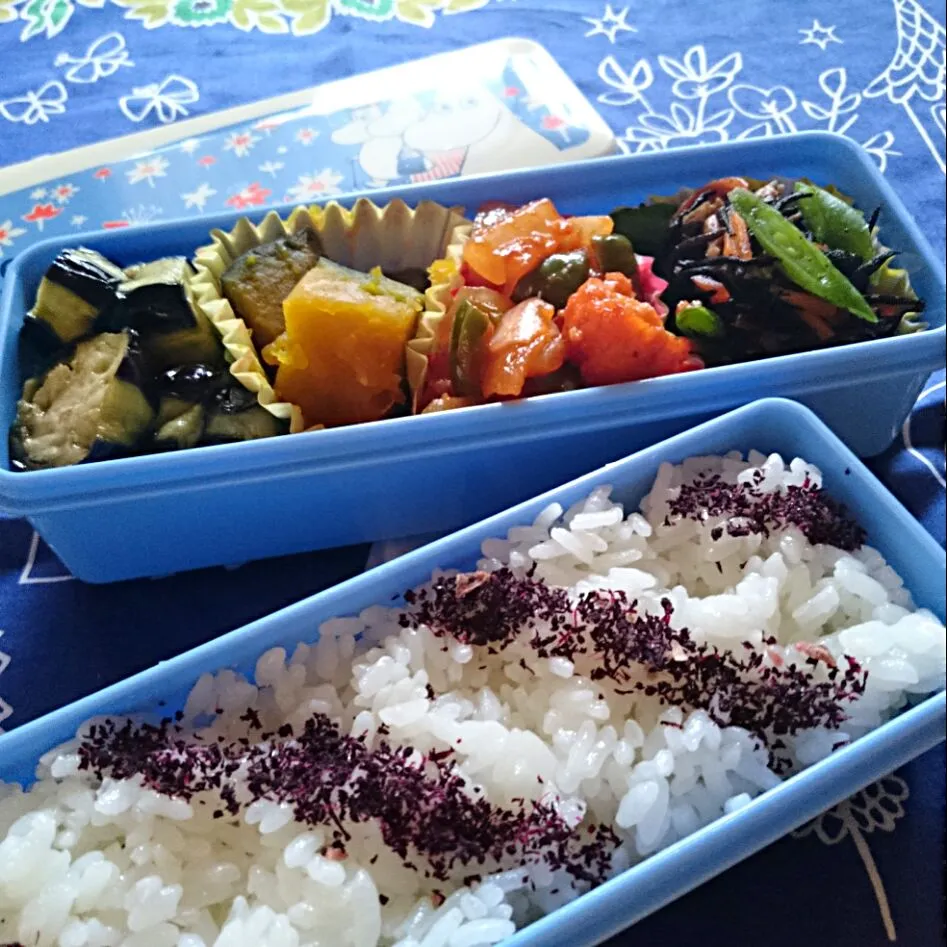 お弁当(6/25)
ゆかりごはん、豆腐ナゲットの酢豚風、かぼちゃの煮物、ひじきの炒め煮、茄子の生姜漬け|さっちんさん