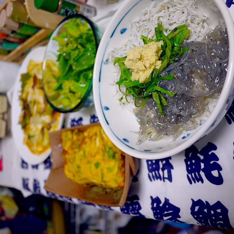 釜揚げ&生しらす丼  大葉香るだし巻き卵  マスタードリーフとアイスプラントのサラダ  生キクラゲと野菜のピリ辛怪味ソース炒め|石川洋子さん