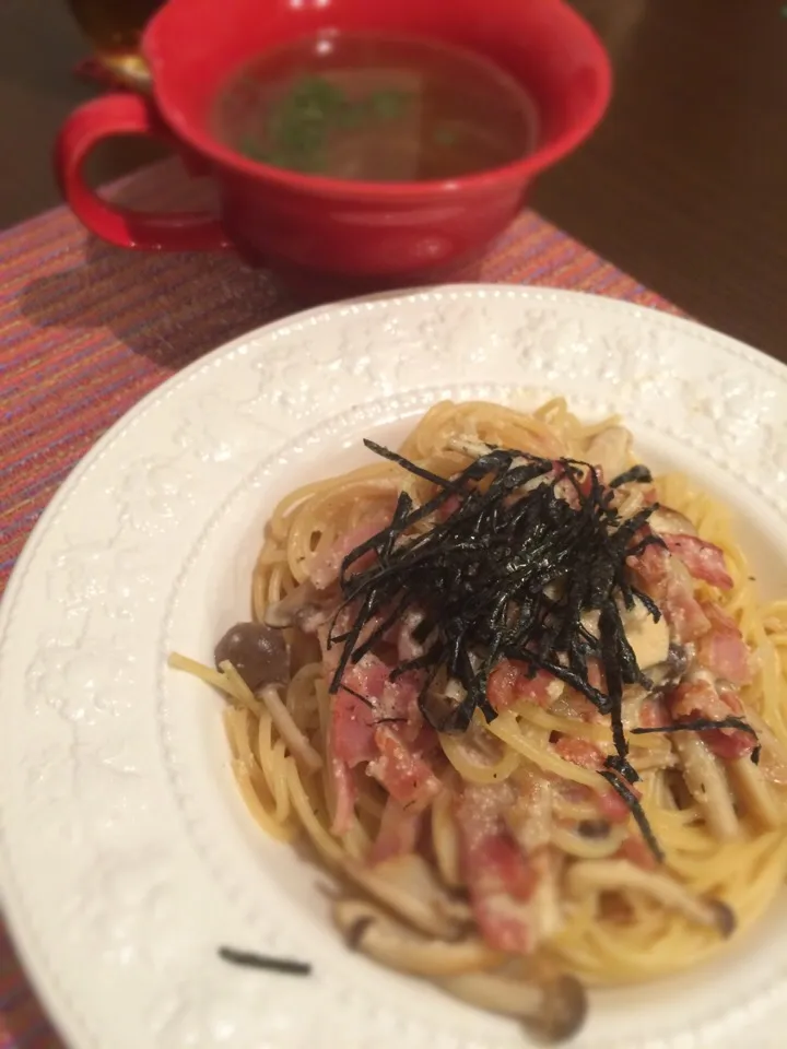 Snapdishの料理写真:明太子パスタ&玉ねぎとじゃがいものコンソメスープ|aiさん