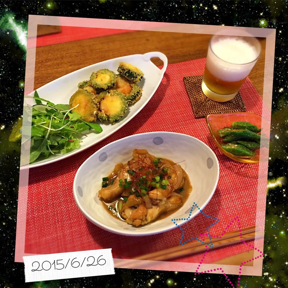 Snapdishの料理写真:手羽元と玉ねぎの炒め煮
ゴーヤポッパー
オクラの胡麻和え|𓇼 Ⓢ Ⓗ Ⓘ Ⓝ Ⓞ Ⓑ Ⓤ 𓇼さん