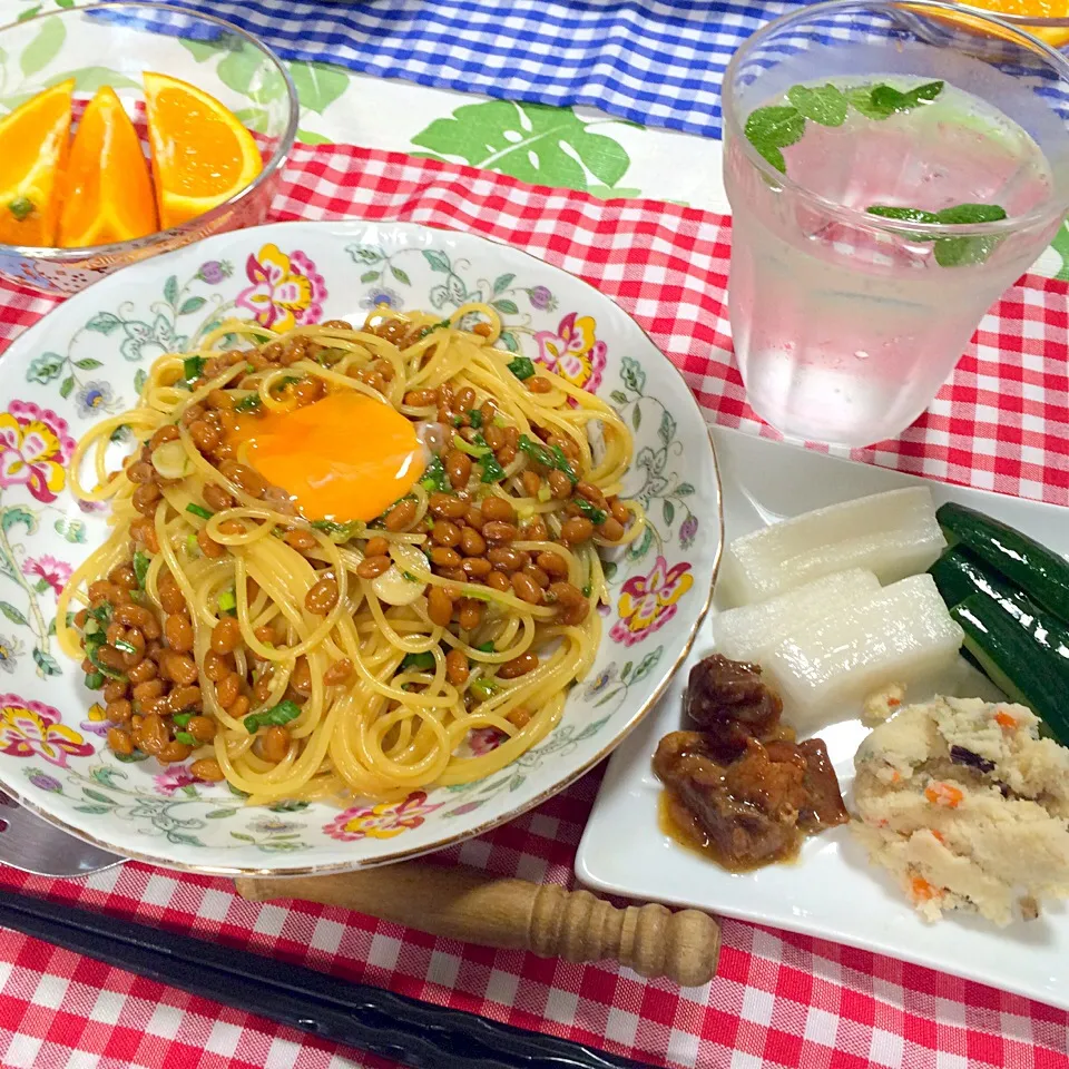 簡単✨ヘルシー✨納豆パスタ🍝手作りキュウリと大根の漬物、卯の花、ミントウォーター🌿|♥️さん