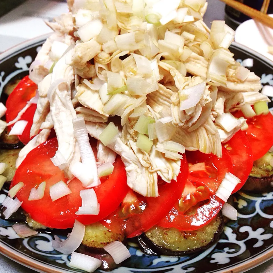 reiさんの料理 焼きナスの茹で鶏と葱のせ🍆子供の頃いちばん好きだったおかず٩꒰｡•◡•｡꒱۶|omatsuさん