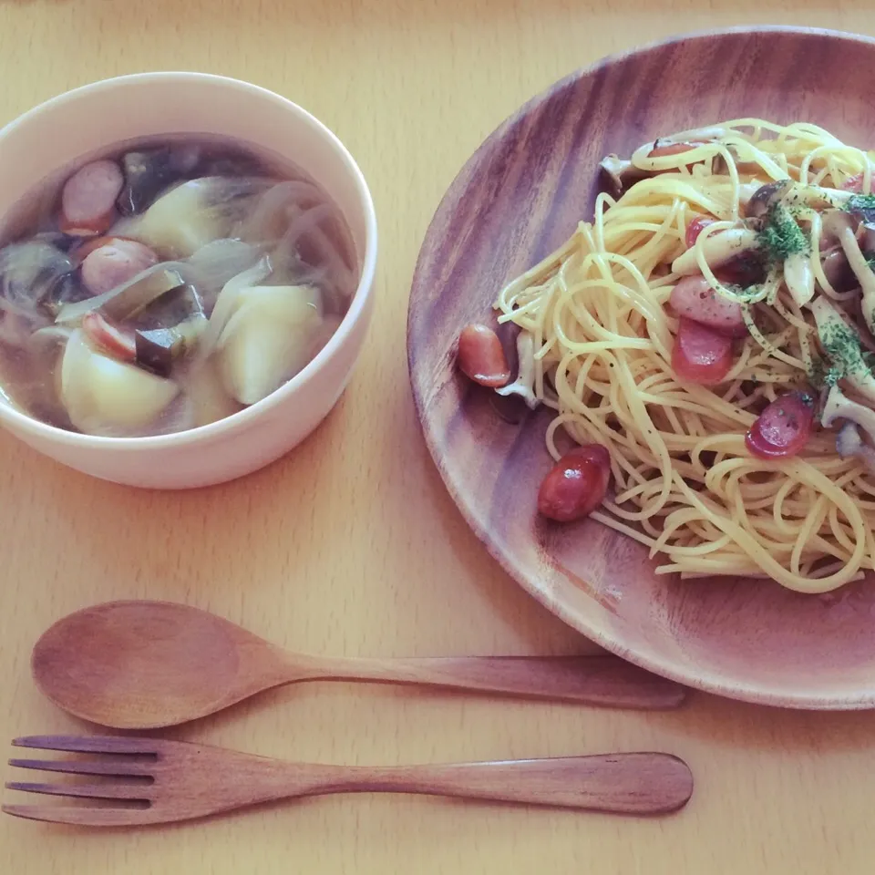 きのこの和風パスタとポトフスープ|食堂みずたまりさん