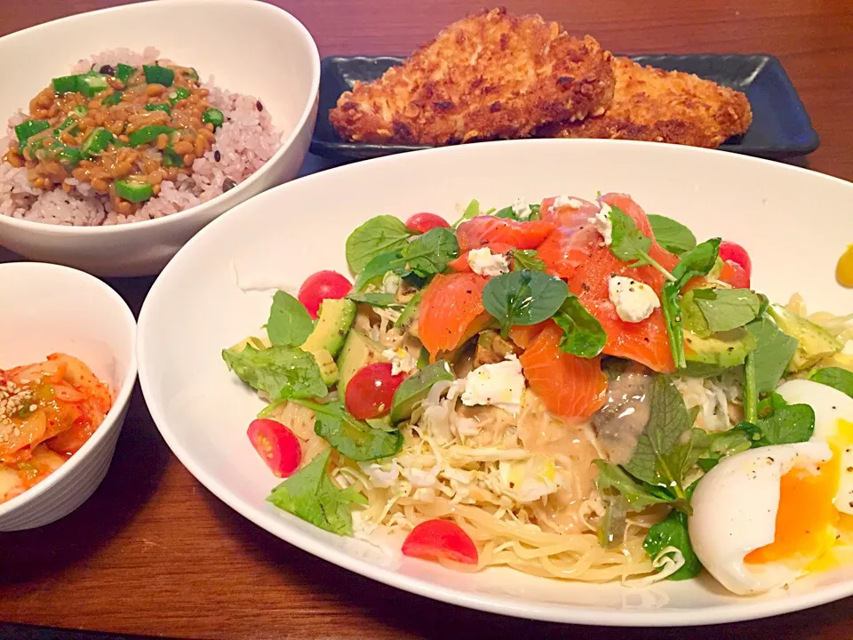 イタリアンサラダ冷やし中華＊なめたけオクラ納豆雑穀ご飯＊えびはんぺん揚げ(^o^)|basilさん