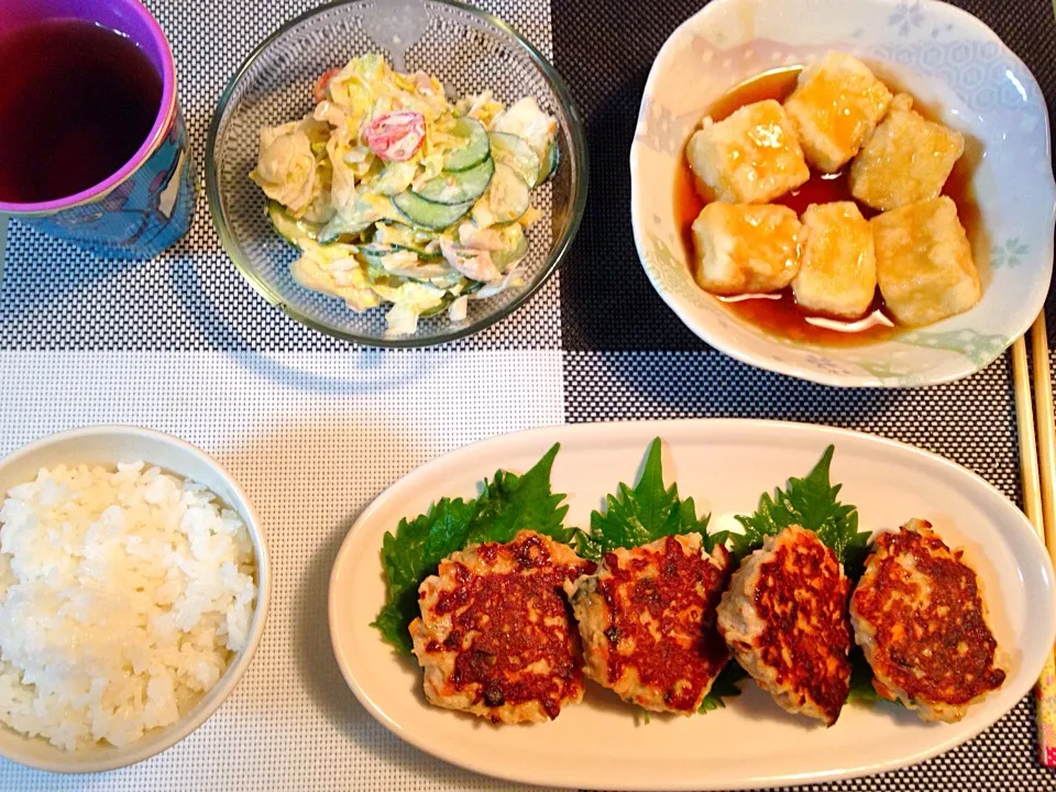 味噌つくねバーグ、揚げ出し高野豆腐、ツナマヨサラダ|りんこさん