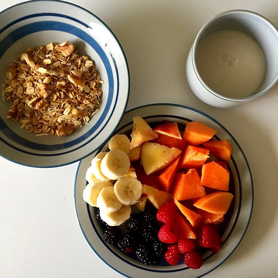 Homemade granola with almond milk and mixed fruit|victoria valerioさん