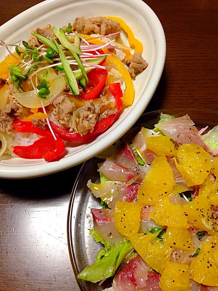 豚こまの彩り丼〜🐷あじとヒラマサのカルパッチョ🐟|岡田有子さん