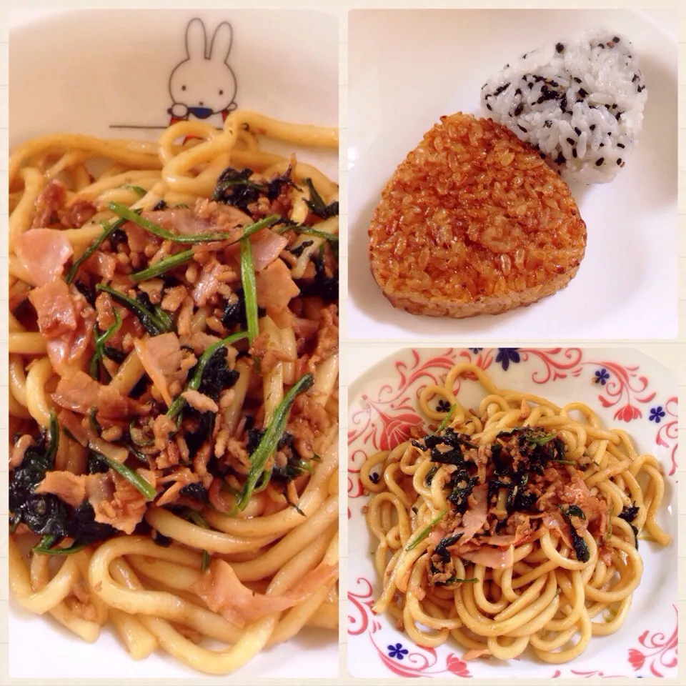 Snapdishの料理写真:今日のlunch❤︎焼うどん（醤油）＆焼きおにぎり|Makinsさん