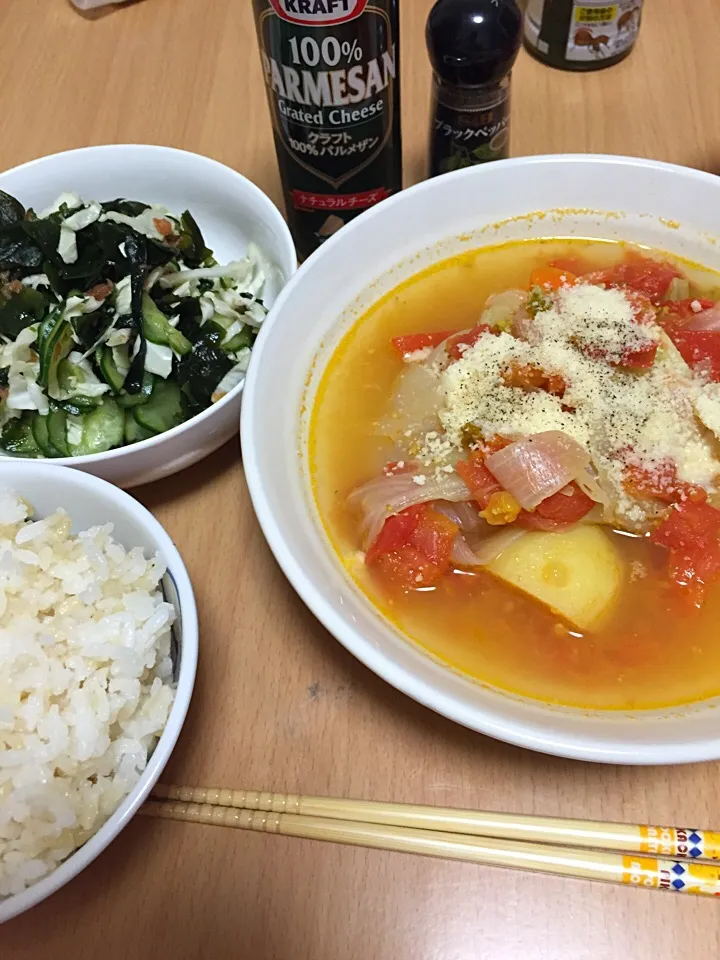 Snapdishの料理写真:2015.06.28ポトフ＋パルメザン、酢の物|しおりさん