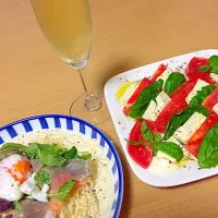 Snapdishの料理写真:冷製カルボにカプレーゼ☆|ゆみえさん