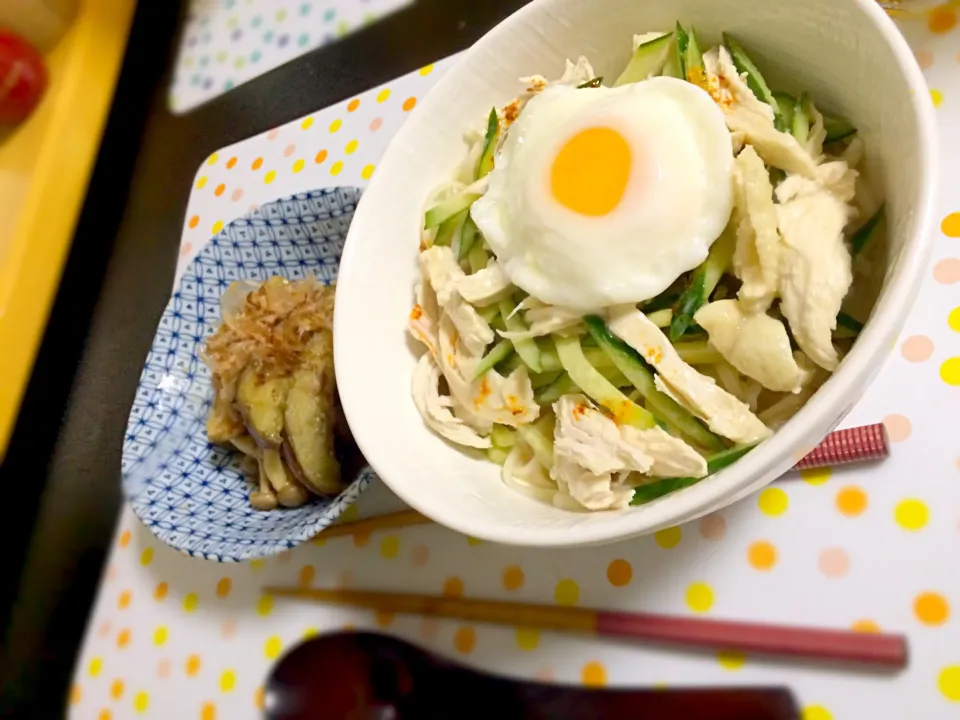 豆乳バンバンジー風そうめんand茄子とシメジの煮浸し|しぶみぃさん