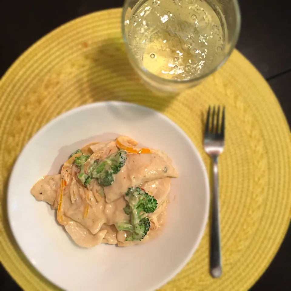 Perogies in a Mushroom Sauce with Broccoli and Carmelized onions and peppers|T.E.Dennisさん