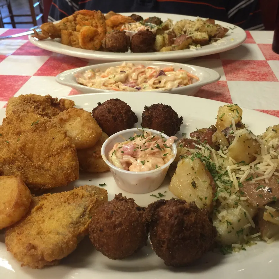 Plate 1. Mahi Mahi & Shrimp platter  Plate 2. Scallops & Talapia platter w/hush puppies, Herb Roasted Potatoes  & *Spicy Shrimp Slaw #seafood #yborcity|Richard Thompsonさん