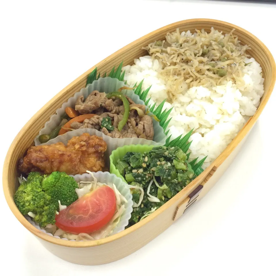 Snapdishの料理写真:弁当（焼肉、唐揚げ、春菊胡麻和え、サラダ、ちりめん山椒）|SasaMasa213さん