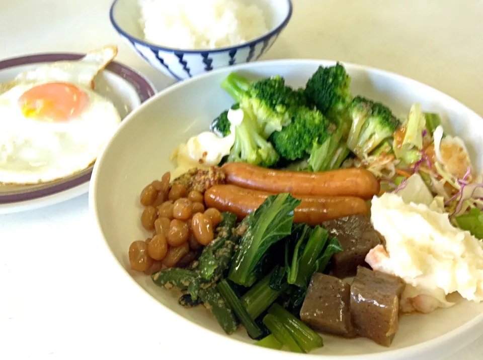 Snapdishの料理写真:朝ごはん 目玉焼き ウィンナー   ポテトサラダ 煮豆 小松菜おひたし いんげん胡麻和え コンニャク煮 サラダ 味噌汁|ぽんたさん