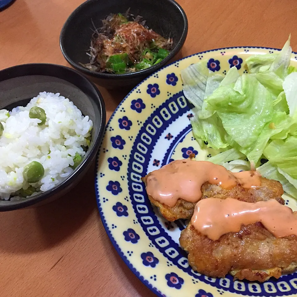 鶏肉ピカタ、豆ご飯、オクラ|りーさん