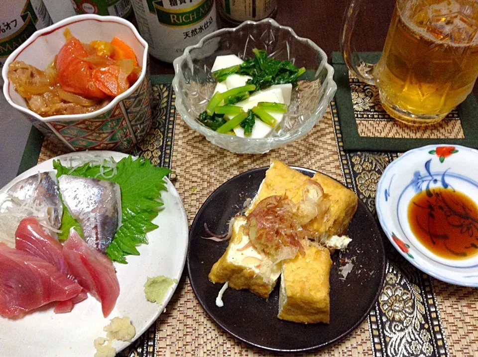 Snapdishの料理写真:カブのサラダ＆肉じゃが＆厚揚げ＆アジ酢＆鰹の刺し身|まぐろさん