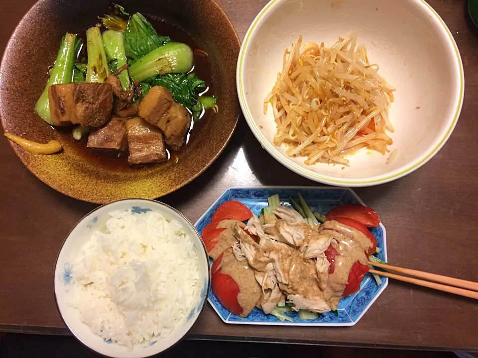 豚角煮 バンバンジー風サラダ 茹でもやしゴマ油醤油ラー油和え|Junko Tominagaさん