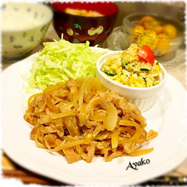 Snapdishの料理写真:豚の生姜焼き、ポテトサラダ、大根と油揚げのお味噌汁、トマトの胡麻和え|亜矢子さん