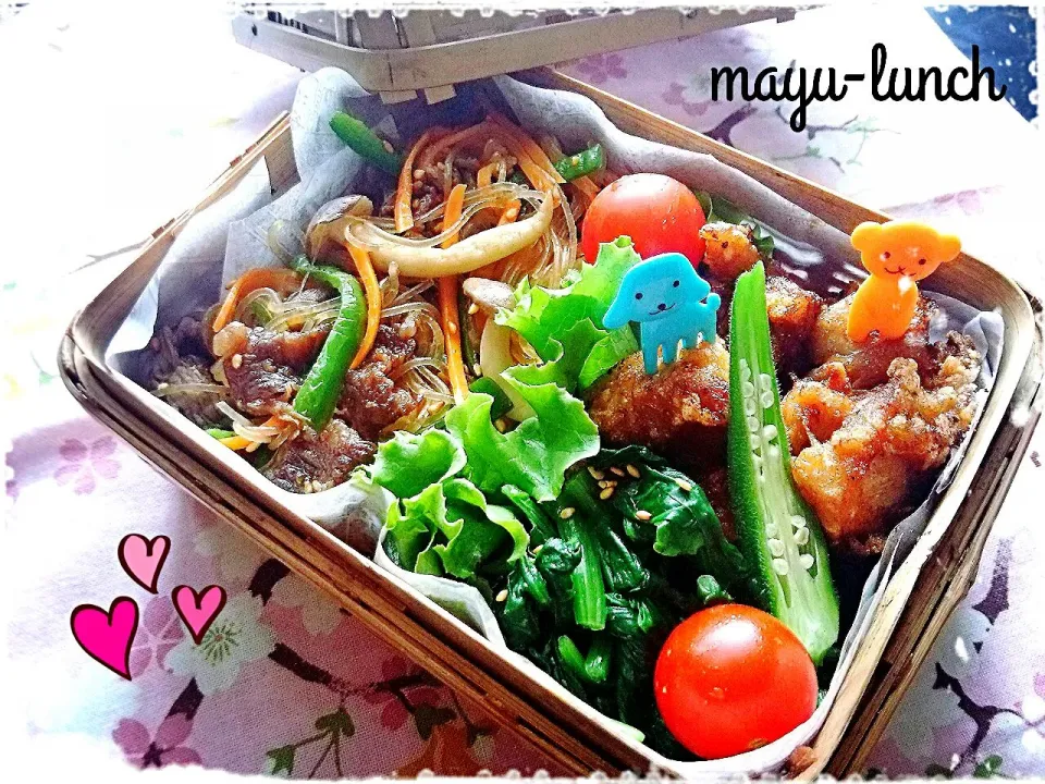 娘弁当❤今日は韓国風で🍴大好物のチャプチェ・コチュジャンたっぷり唐揚げ・ほうれんそうのナムル🌟朝から唐揚げをつまみ食いする娘(^^;|まゆさん