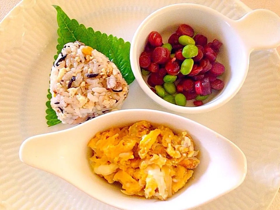 豆腐飯の梅おにぎり      紫にんじんの重ね煮と枝豆の炒め物       たまねぎの重ね煮の卵焼き|プリュパリスさん