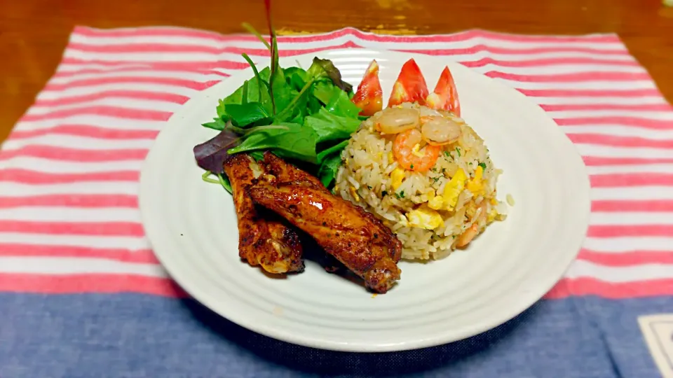 ﾊﾟｸﾁｰ入りｴﾋﾞ炒飯＆ｽﾊﾟｲｼｰﾁｷﾝ|朧さん