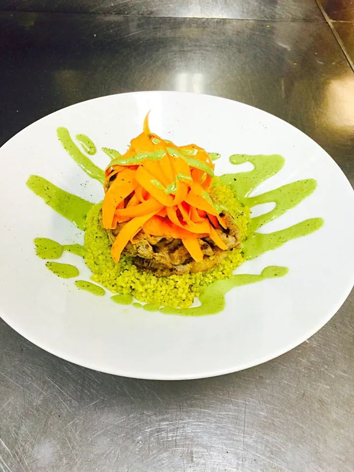 Lime basil pesto cuscus with grill pork and spaghetti carrots on top and basil pesto sauce|Jefferson M. Macalindongさん