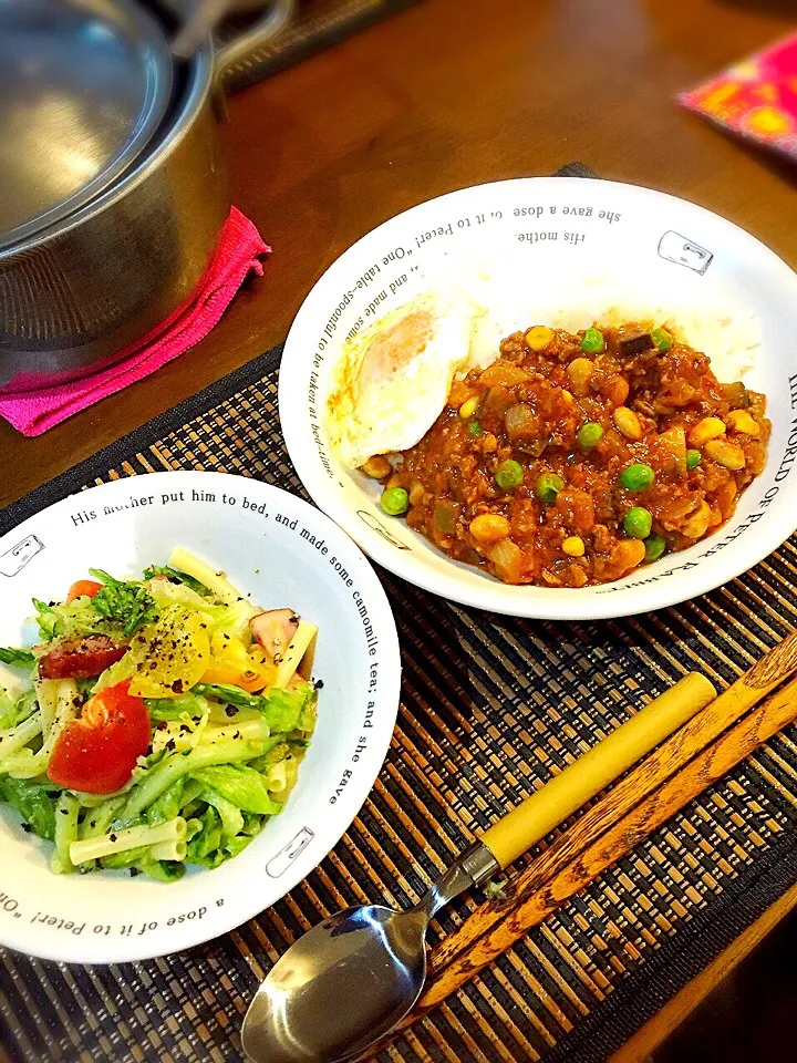 野菜モリモリ挽肉カレーと野菜モリモリマカロニサラダ♡|けみさん