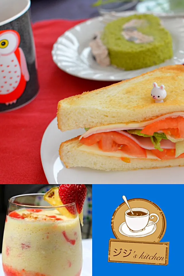 Morning Sandwich w/ roll cake and pineapple, strawberries smoothie ✨|💖 ジジ 💖さん