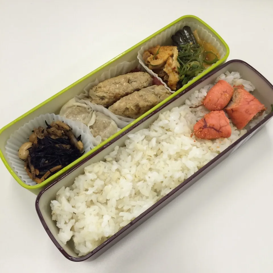 弁当（鶏肉と茄子の甘辛炒め、ハンバーグ、シュウマイ、五目ひじき、焼明太子）|SasaMasa213さん