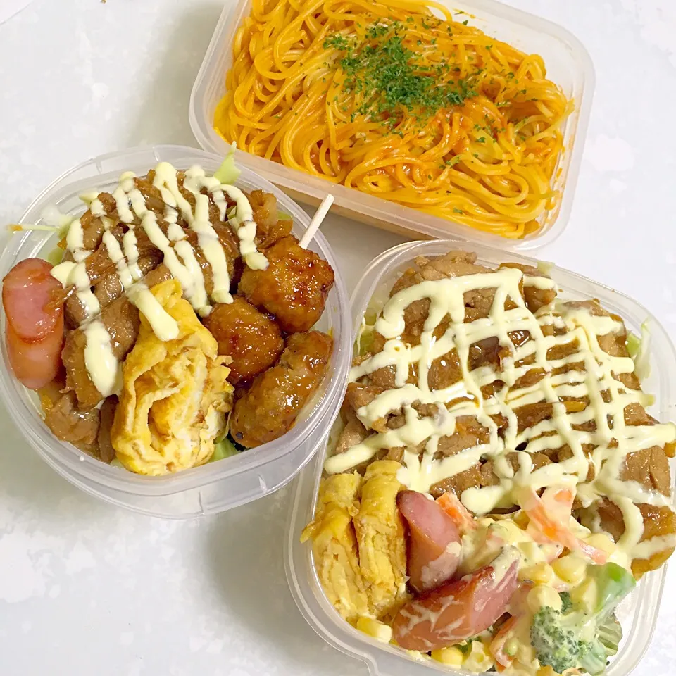 パパママお弁当！小エビのトマトクリームパスタ🍝生姜焼き丼〜〜ブロッコリーと卵のサラダ他|湊叶ママさん