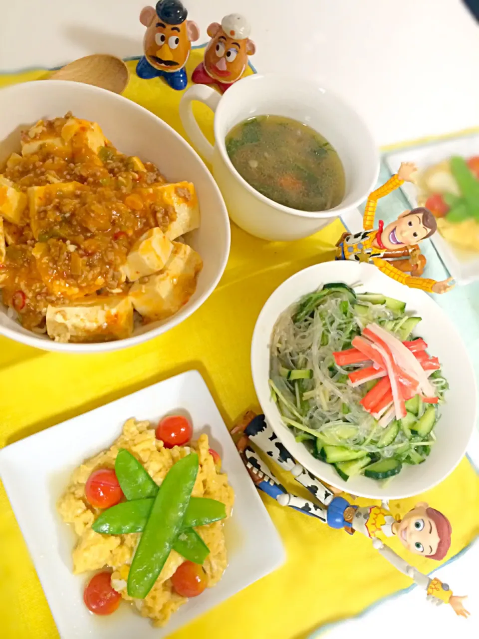 今日の晩ご飯                               麻婆飯    トマトの卵炒め             春雨の中華風和え    中華スープ|おくるまさん