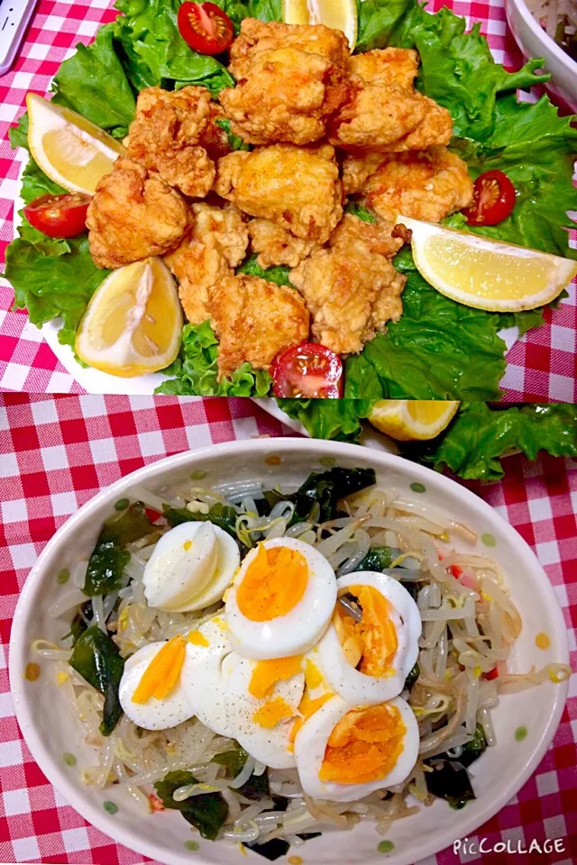 Snapdishの料理写真:Main n Side dish Crispy fried chicken and bean sprouts with wakame and hard boiled eggs and stick crabs in it simple healthy and yummy 🙏kids loving it ...|Babyluv Cabrera Ocampoさん