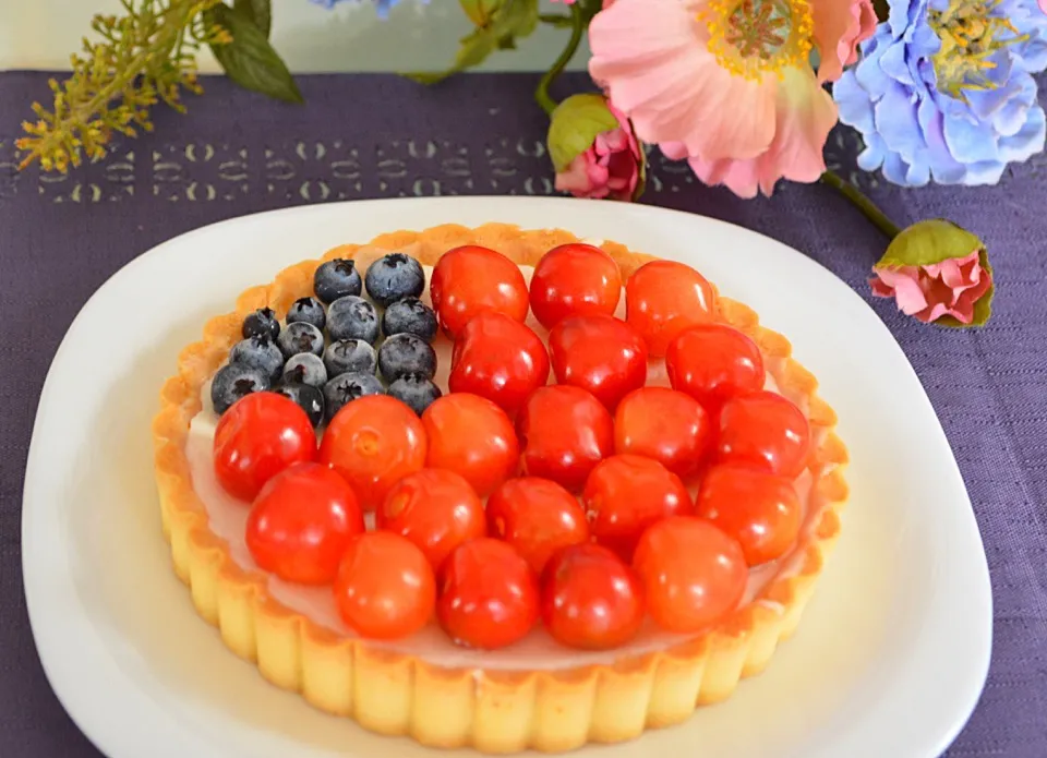 Rare Cheese Tart decor w/ blueberries & cherries 🇺🇸 an advance Festive 4th of July 🇺🇸🎆🎇🎆 #tart#july4|💖 ジジ 💖さん