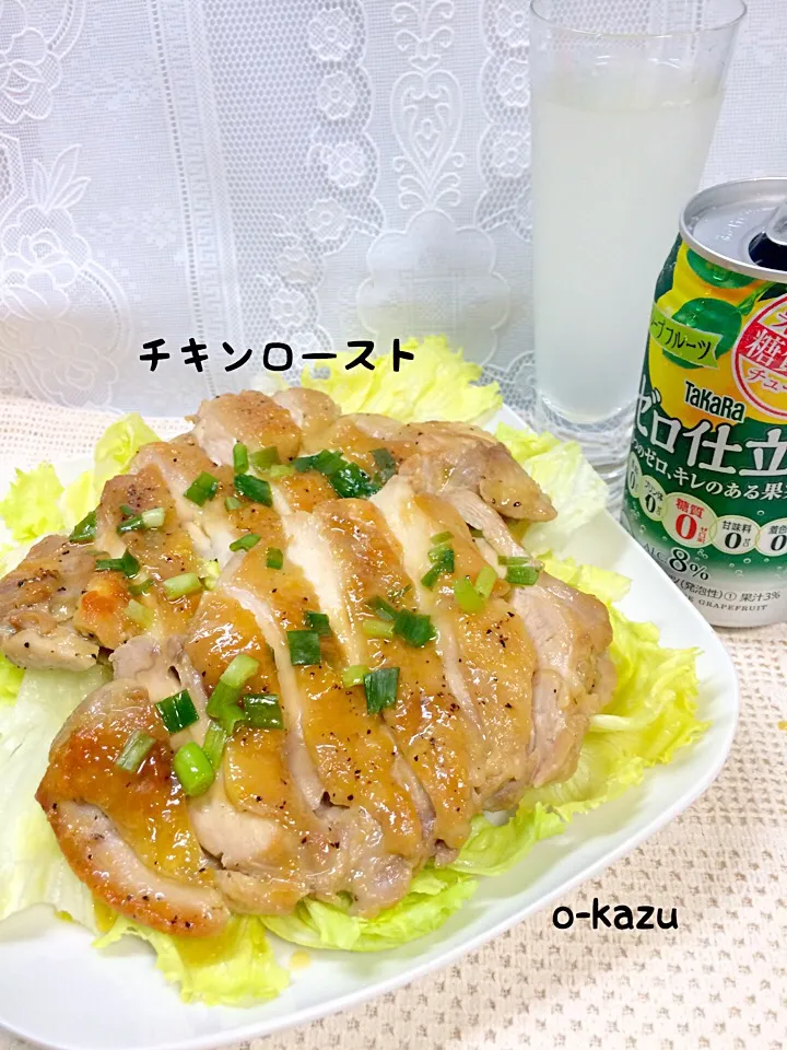 Snapdishの料理写真:りまこさんの料理 簡単チキンロースト❤️はちみつとオイスターソース 下のレタスがとてもおいしい💕&宝酒造ゼロ仕立てグレープフルーツ|o-kazuさん