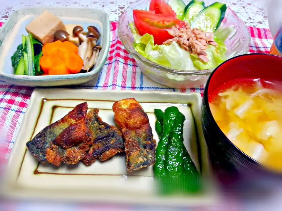 7/2の晩ご飯☆鯖のカレー竜田揚げ・高野豆腐の煮物・サラダ|なべちゃんさん