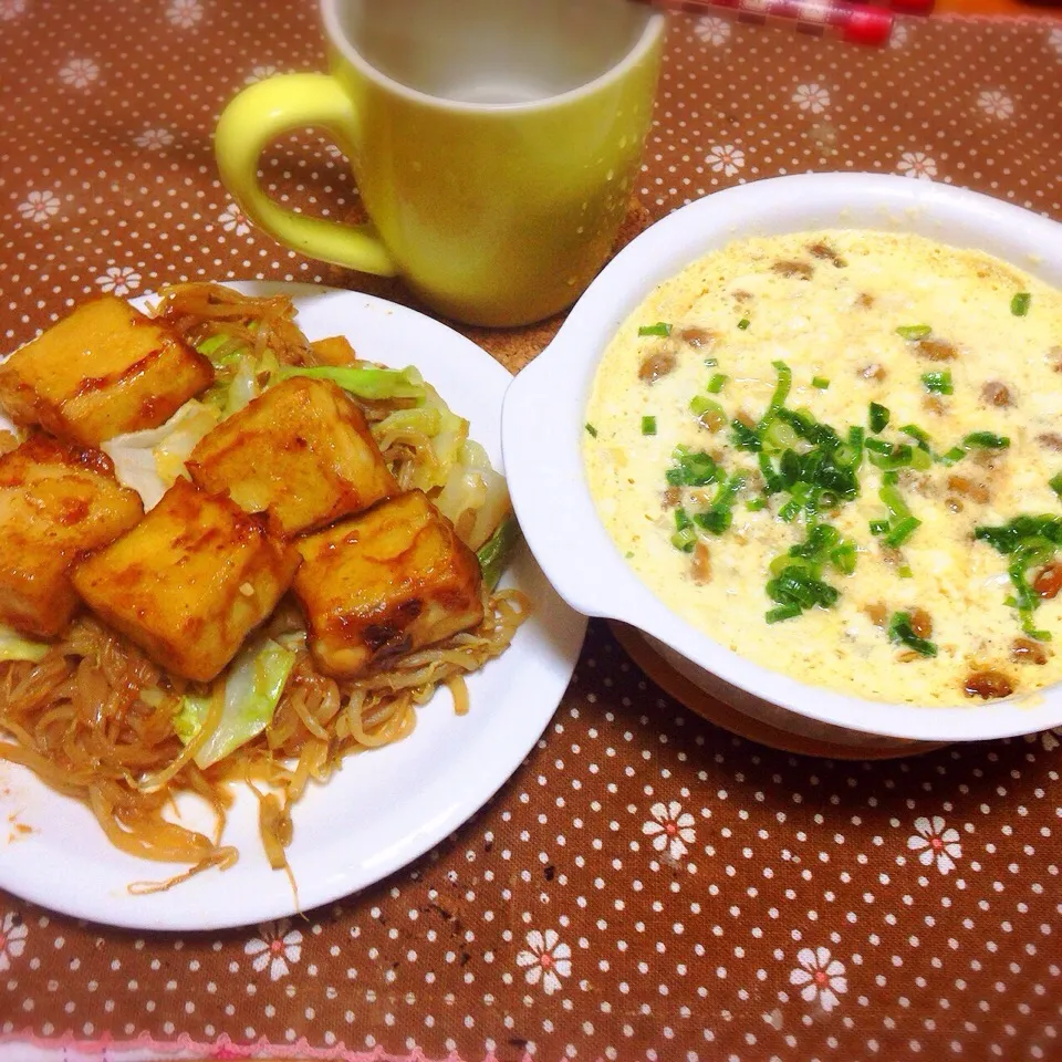 高野豆腐の焼肉のタレ炒めと、豆腐と卵の納豆蒸し|ユウキさん