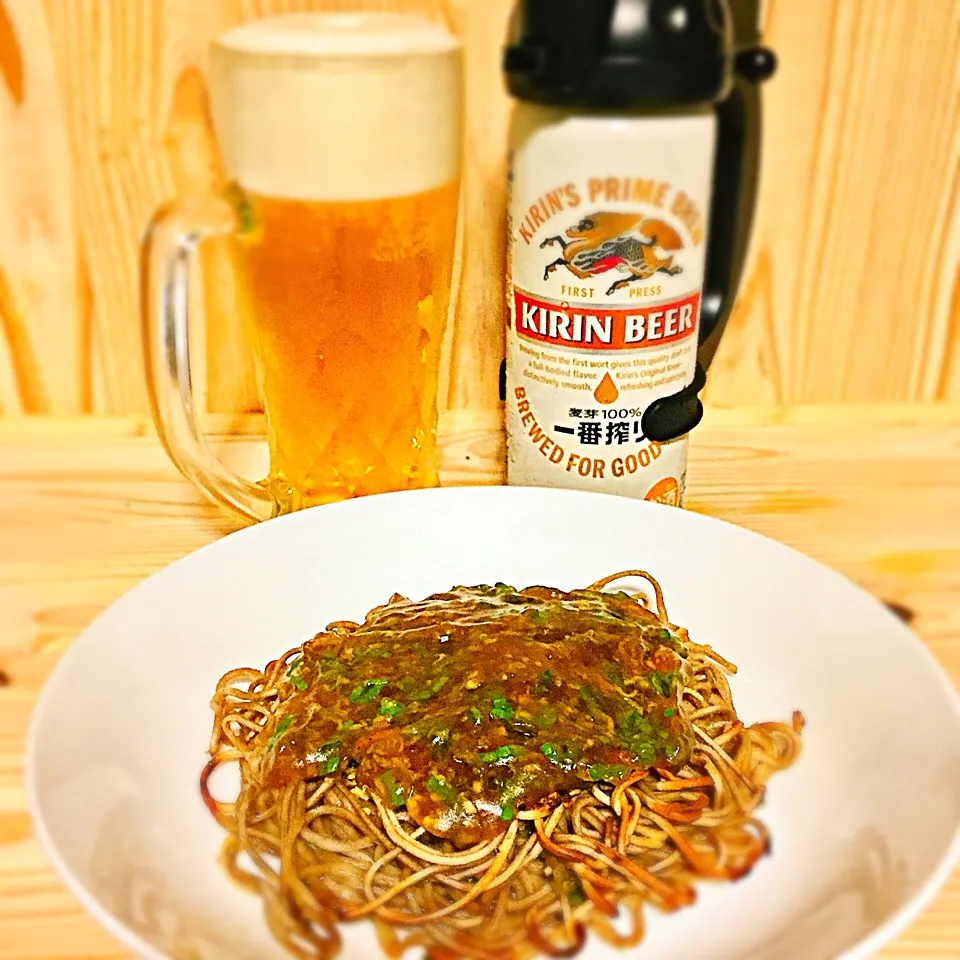 今宵の一酒一肴『一番搾り』と『焼き蕎麦の生姜醤油餡かけ』|ち〜おんさん