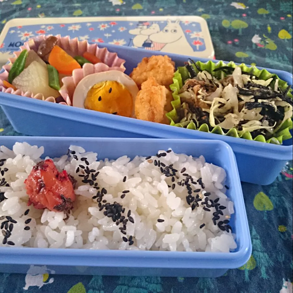 お弁当(7/3)
ごま梅干しごはん、豆腐ナゲット、ゆで卵（˶′◡‵˶）、ひじきサラダ、大根の煮物|さっちんさん