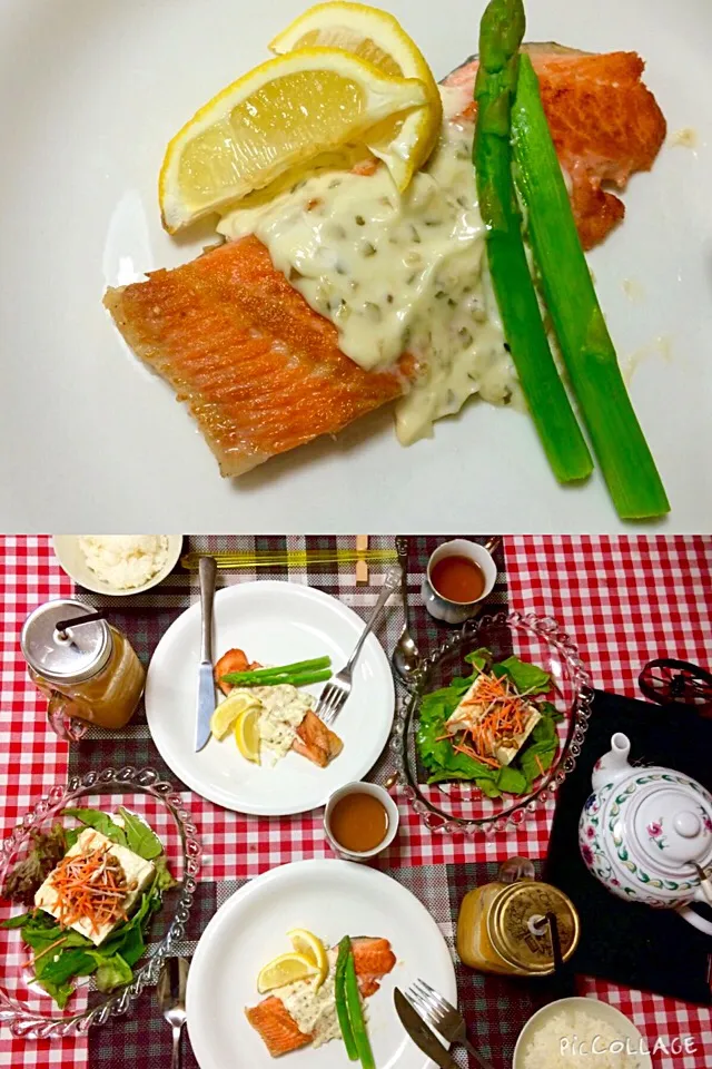 Salmon with tartar sauce main dish tofu with nato beans on the top itadakimasu 🙏|Babyluv Cabrera Ocampoさん