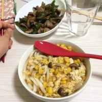 もろこしとろとろうどん、ナスとピーマンの豚肉炒め|備忘録さん