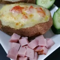 Breakfast ~ Potato ~ egg ~ ham ~minced pork ~ tomato ~ top w mozzarella cheese #potato|🍳es diary☕さん