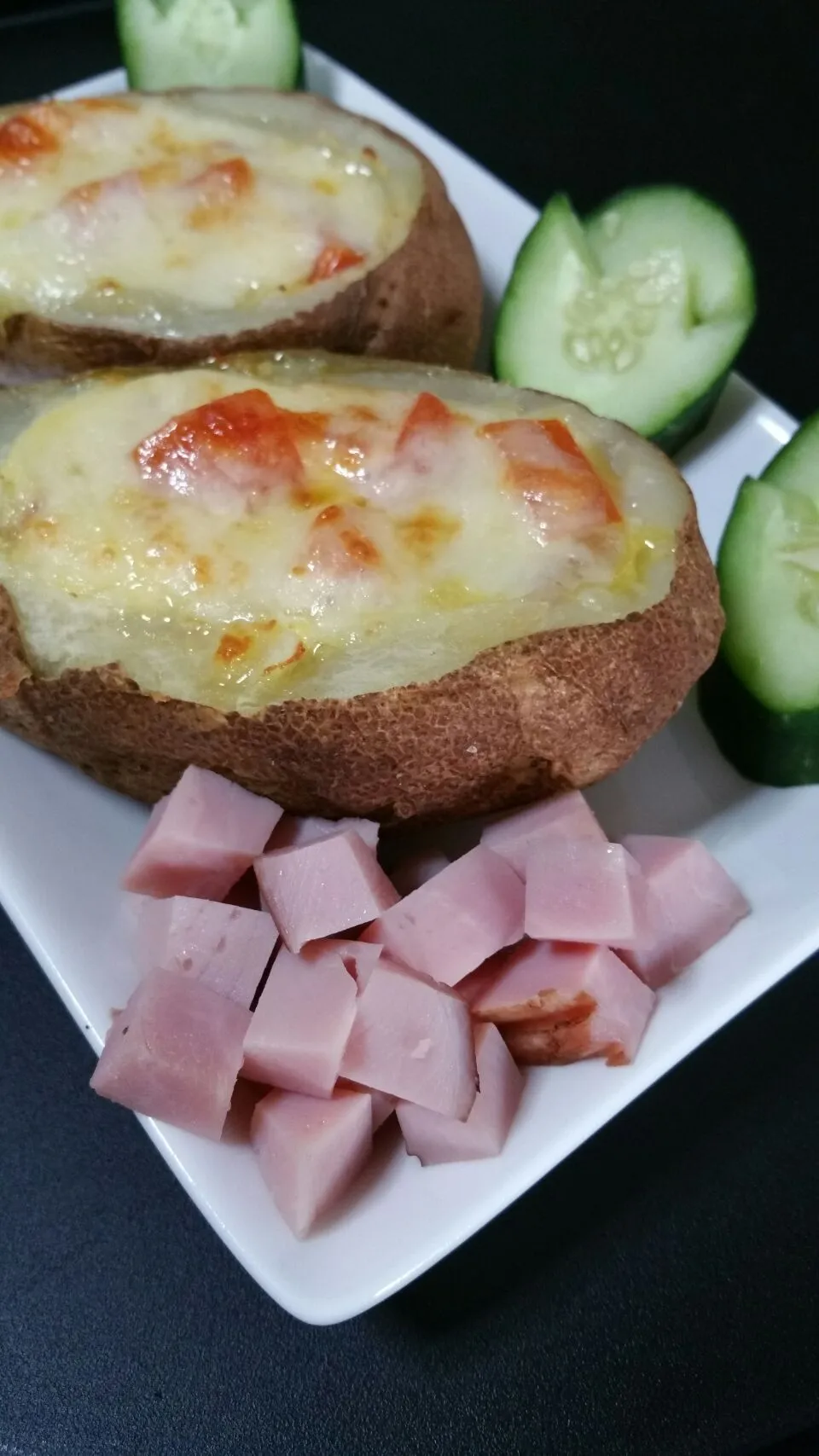 Breakfast ~ Potato ~ egg ~ ham ~minced pork ~ tomato ~ top w mozzarella cheese #potato|🍳es diary☕さん