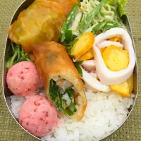 Snapdishの料理写真:ロールキャベツと黄色のズッキーニあしらった夜勤弁当|もりさん