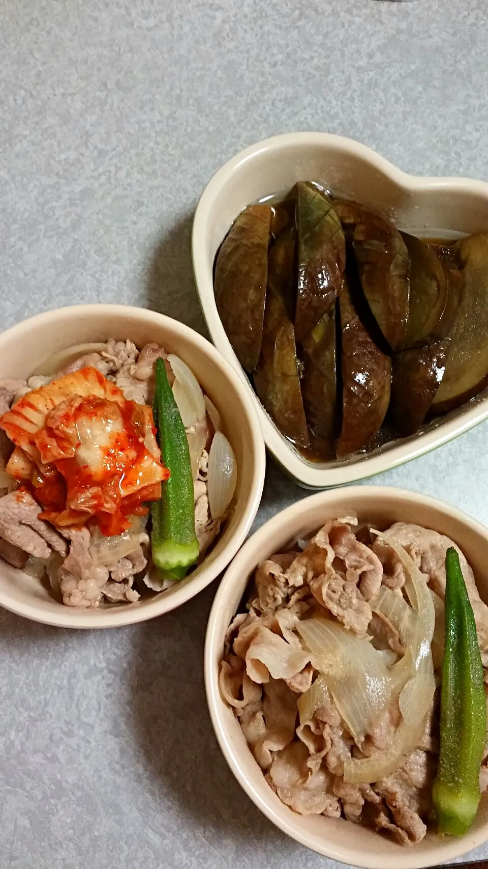 豚丼　豚キムチ丼　泉州水茄子の揚げ煮浸し|裕子さん