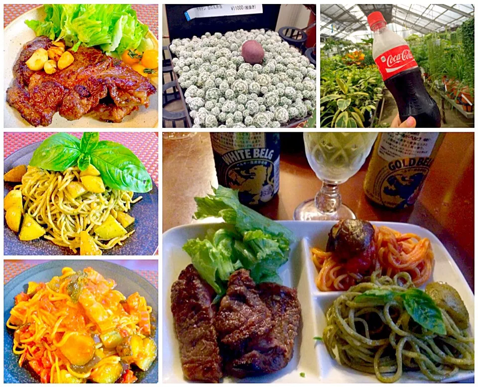 Snapdishの料理写真:Today's Itarian Dinner🍴厚切りﾋﾞｰﾌｽﾃｰｷ,ｼﾞｪﾉﾍﾞｰｾﾞ&ﾍﾞｰｺﾝと茄子のﾄﾏﾄｿｰｽﾊﾟｽﾀ|🌈Ami🍻さん