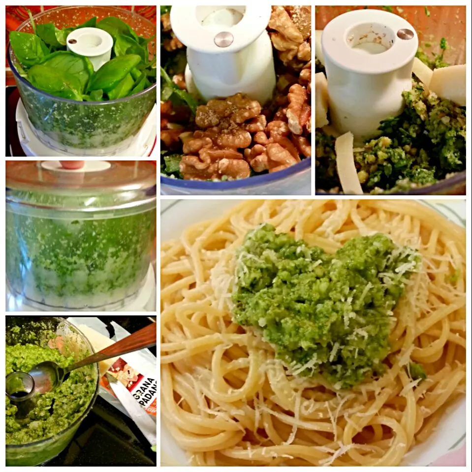 selfmade Spaghetti alla Pesto Genovese  (with walnuts instead of pine nuts)
 #spaghetti 
 #parmiggiano
 #pesto|Najeskaさん