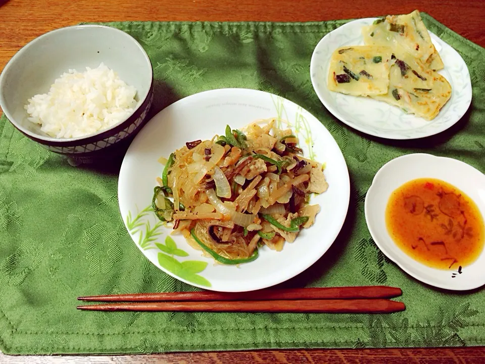 チャプチェ 海鮮チヂミ〜コチュジャンたれ〜 玄米入りご飯|Ａｋａｒｉ♡さん